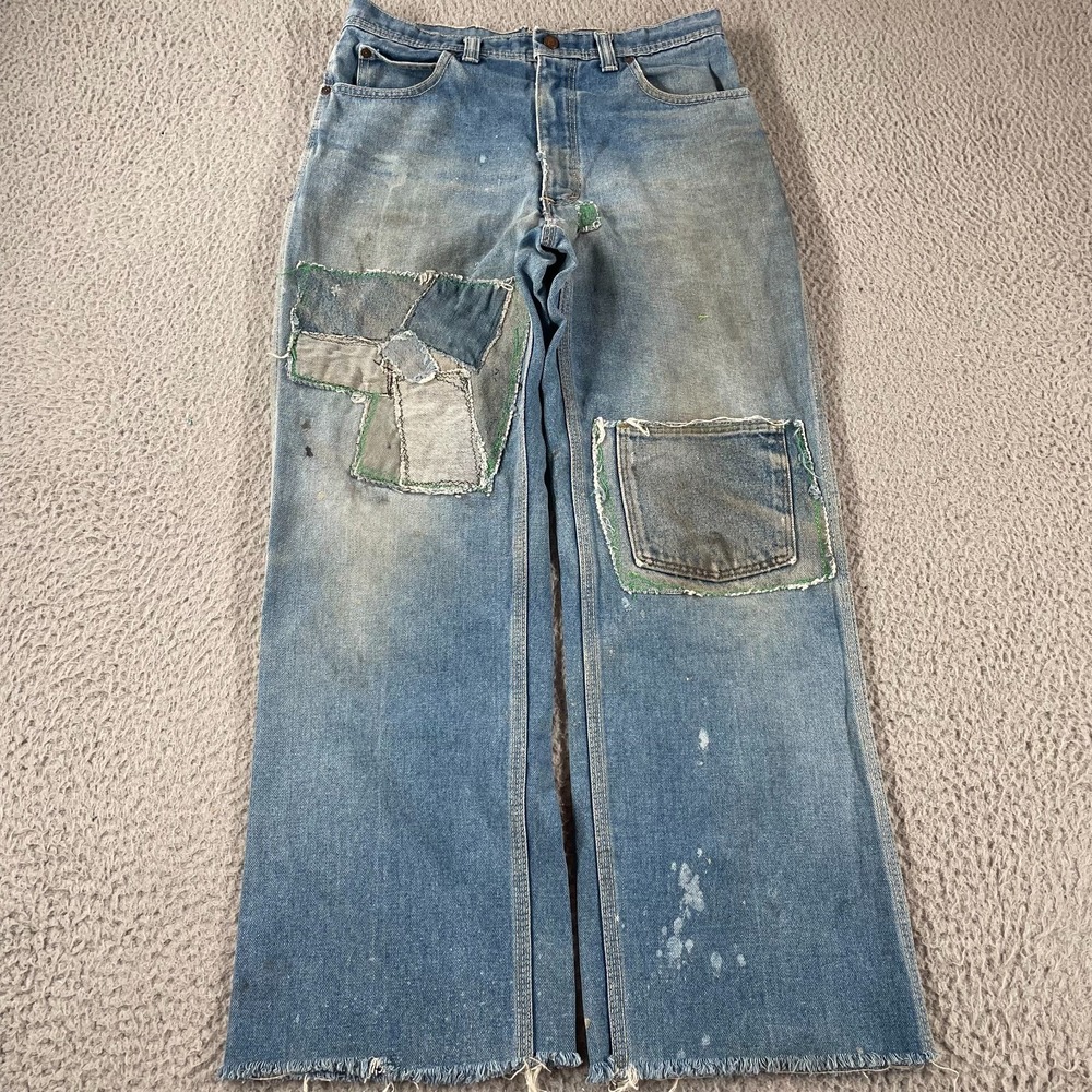 Vintage‎ 70s Red Snap Denim Jeans Fits Size 30x28 Cool Patchwork Blue RARE *